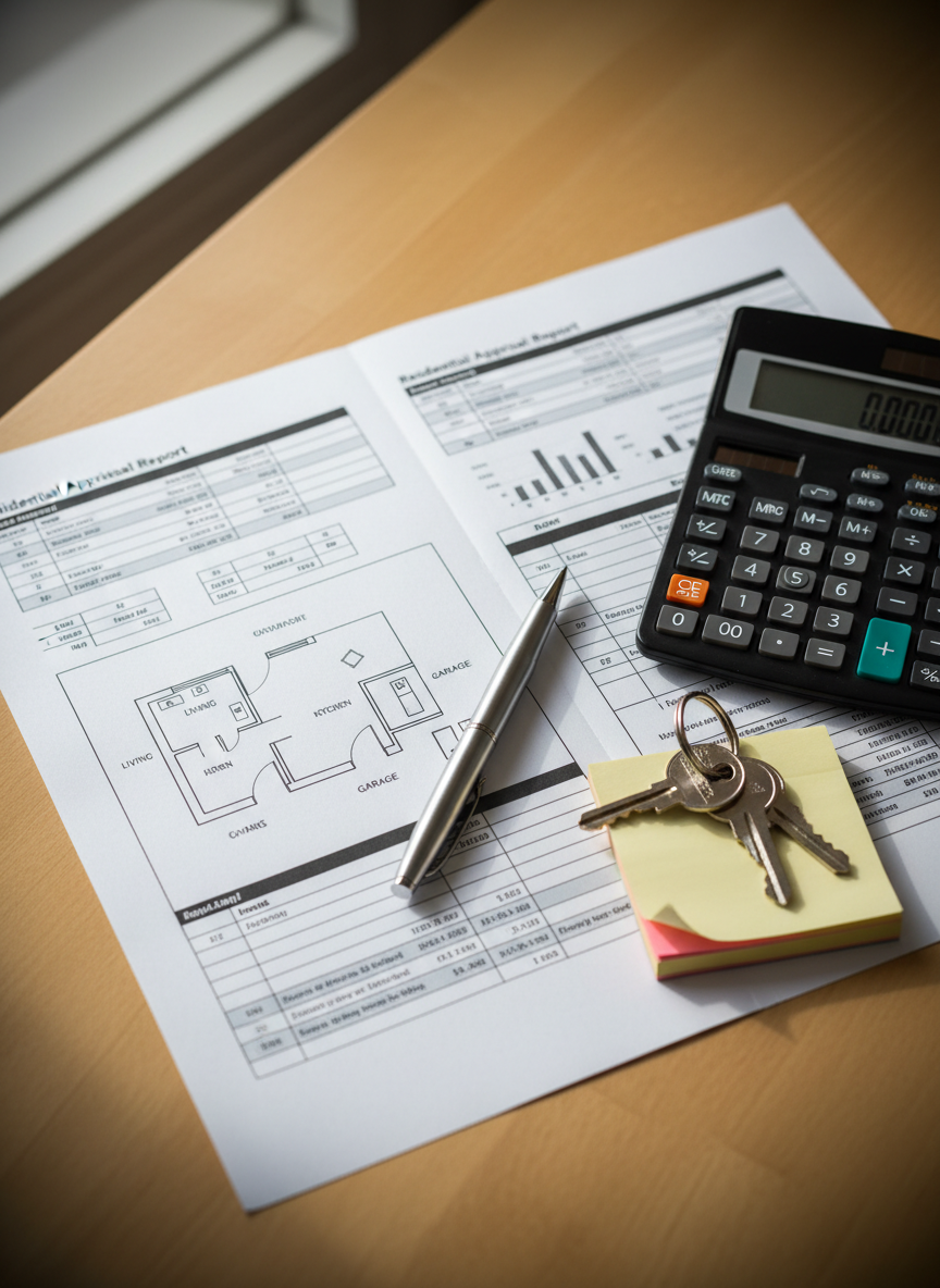 A detailed close-up of a printed residential appraisal report laid out on a smooth, light oak table, captured in photographic realism. The report shows visible but unreadable columns, charts, and a prominent labeled property sketch, with a silver ballpoint pen resting diagonally across the pages. Beside it, a sleek scientific calculator, a small stack of sticky notes, and a set of metal house keys on a simple keyring sit neatly arranged. Soft, overcast window light from the left creates minimal glare, emphasizing legible textures of paper and metal. The composition uses an overhead, bird’s-eye view, with sharp focus and subtle vignetting at the edges, conveying precision, professionalism, and the careful documentation involved in accurate home valuation.