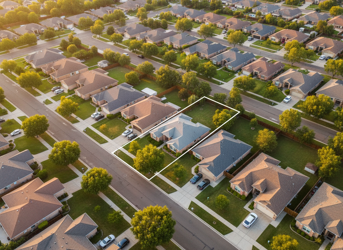 A high-resolution aerial view of a quiet residential neighborhood at golden hour, emphasizing property context for appraisal. Neatly aligned single-family homes with varied yet harmonious roof colors and well-kept yards stretch along a curving street, with tree canopies casting soft, elongated shadows. The warm, low-angle sunlight creates crisp roofline highlights and subtle texture on driveways and sidewalks. The composition uses a top-down, slightly tilted perspective, with one central property subtly emphasized through slightly stronger contrast while remaining natural and realistic. Photographic realism with balanced, true-to-life colors and a calm, measured mood, illustrating how surroundings, lot size, and neighborhood characteristics contribute to accurate and reliable home valuation.