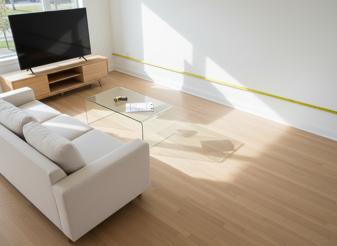 A spacious, sunlit living room of a mid-range suburban home, staged for appraisal, featuring a neutral beige sectional sofa, a simple glass coffee table, and a low-profile media console against a soft white wall. A measuring tape is fully extended along the baseboard, and a laser distance measurer rests on the coffee table beside a clipboard with floor plan sketches. Natural morning light streams in through large unseen windows, creating soft, elongated shadows and highlighting the grain of the hardwood floors. Photographic realism with a calm, orderly atmosphere, shot from a slightly elevated corner angle to show room dimensions and layout clearly, with sharp focus throughout to emphasize space, proportion, and the objective evaluation of interior features.