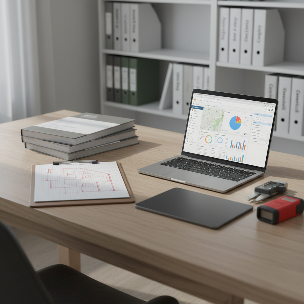 A bright, organized home office workspace dedicated to residential appraisal, featuring a large wooden desk with a natural matte finish, a slim modern laptop displaying a detailed home valuation dashboard, neatly stacked appraisal reports, and a metal clipboard holding a printed property sketch. A tablet lies beside a digital caliper and laser distance measurer. Soft diffused daylight enters from an unseen window, casting mild shadows and subtle reflections on the desk surface. In the background, shelves with binders labeled by property type are softly out of focus. Photographic realism with a clean, modern aesthetic, shot from a slightly elevated three-quarter angle with shallow depth of field, creating a focused, professional atmosphere that emphasizes accuracy, organization, and analytical rigor in home appraisal work.
