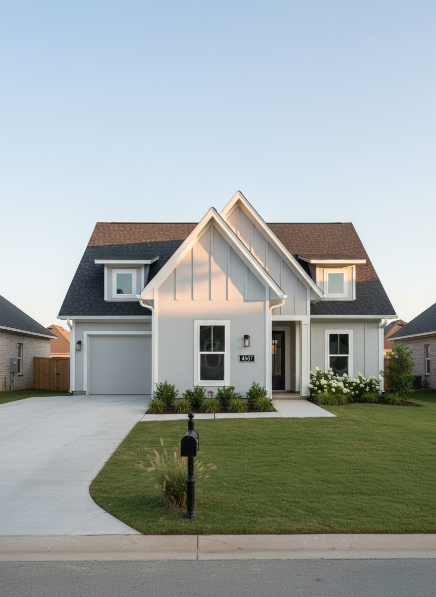 A modern, well-maintained single-family home with a neutral light-gray exterior, crisp white trim, and a neatly manicured front lawn, captured in photographic realism. The house sits back from a clean concrete driveway, with a clearly visible mailbox, house number plaque, and a tidy walkway leading to the front door. Soft late-afternoon natural light creates gentle shadows under the eaves and highlights the texture of the siding and roof shingles. The sky is clear with a subtle gradient of blue, adding a calm, professional mood. Shot at eye level using the rule of thirds, the home is in sharp focus while neighboring properties are softly blurred, suggesting a real neighborhood context without distractions, conveying reliability and accurate residential valuation.
